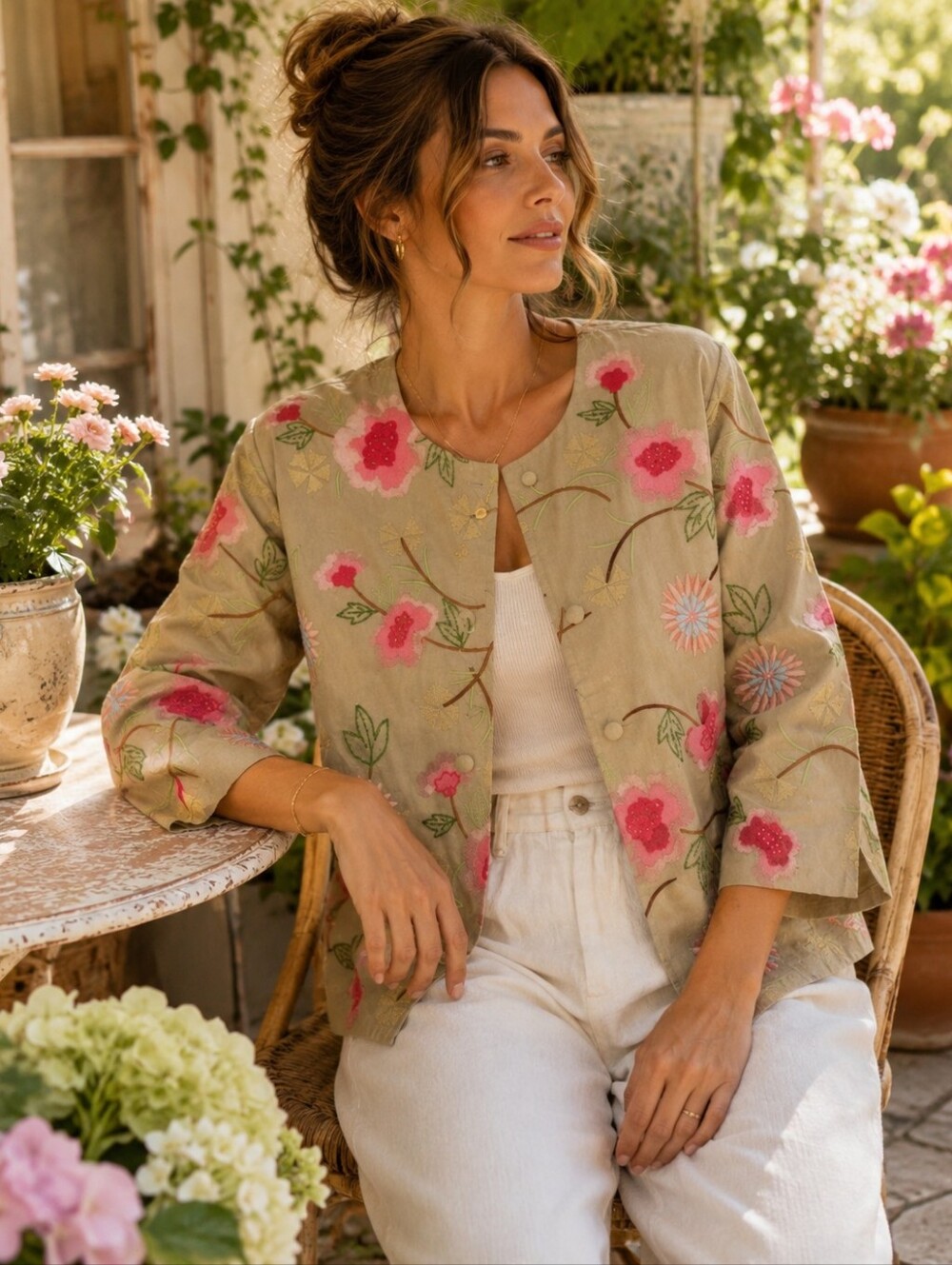 Ann Trinity Linen Blend Floral Embroidered Beaded Jacket Women's M Boho Cottagec